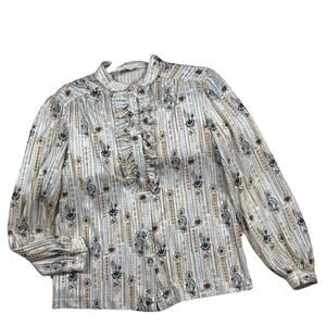 VINTAGE 1970’s cottagecore silky ruffle front blouse paisley , M/L